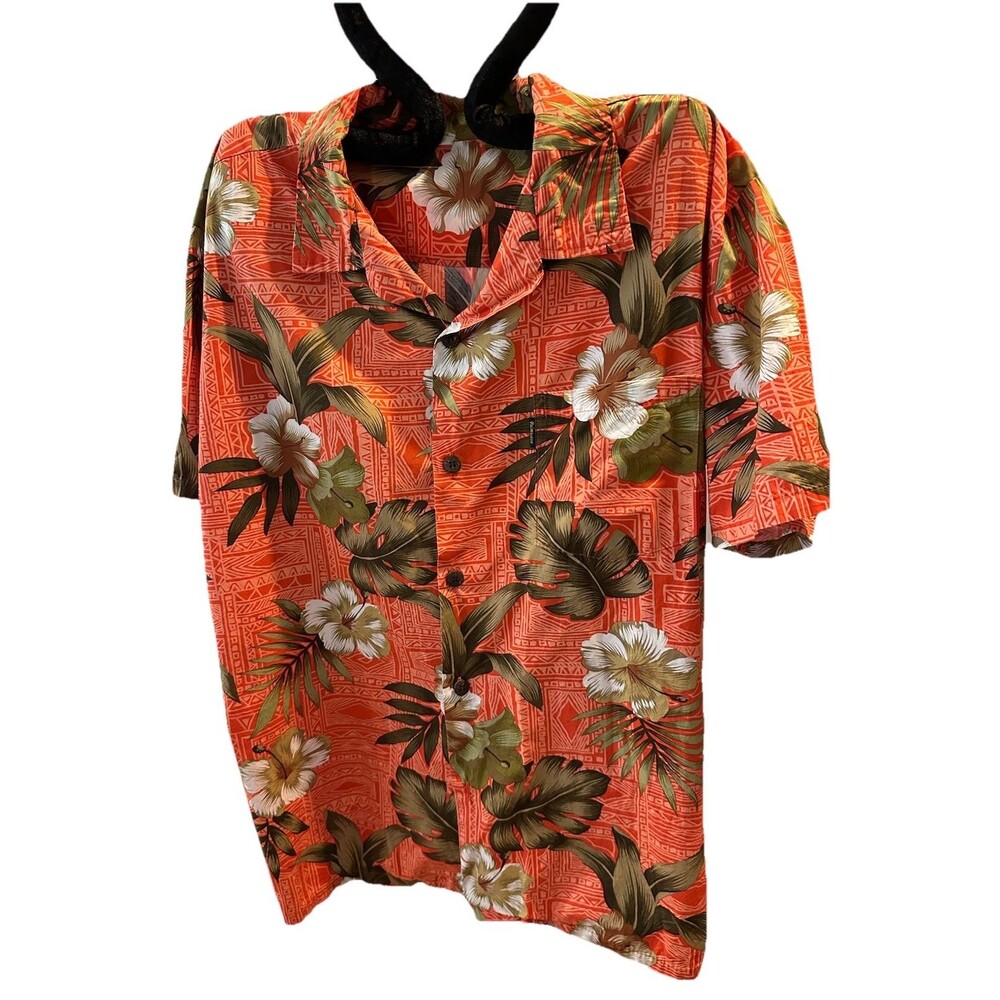 Palmwave Hawaii Hawaiian Shirt XL Orange Floral Tropical Aloha Shirt 100% Cotton